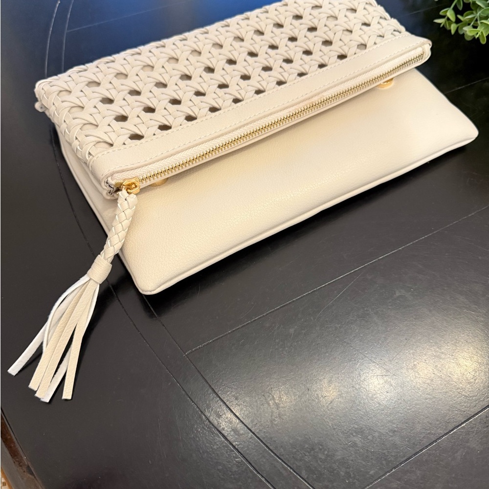 Moda Luxe Cream Clutch with Perforated Design and Tassel NEW WOT